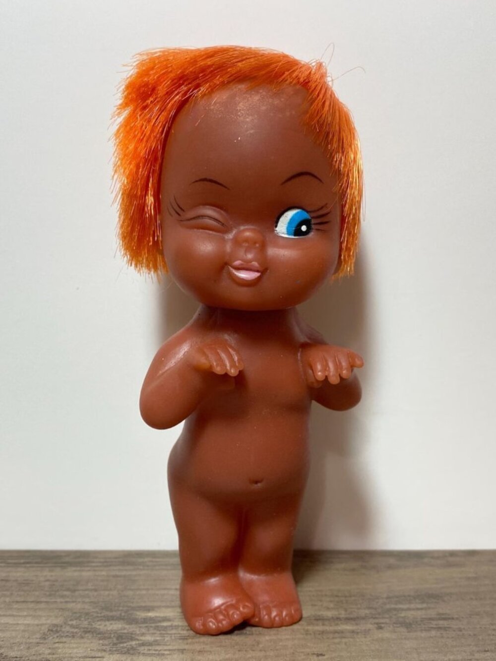 Vintage 1960s Moody Cutie Rubber Doll Rooted Hair Funny Winking Face